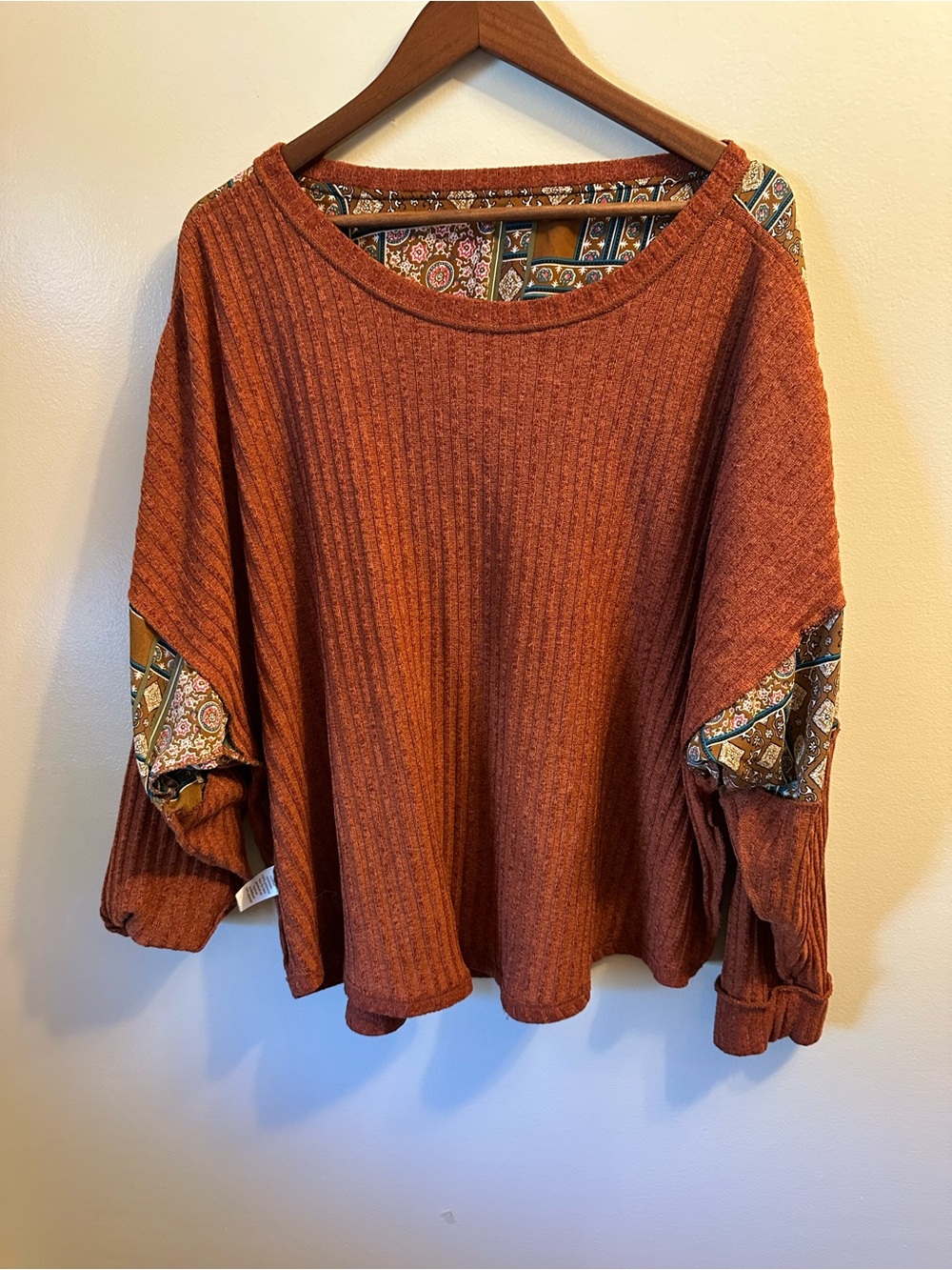 #378 Boho Ribbed Knit Top in Rust with Paisley Trim